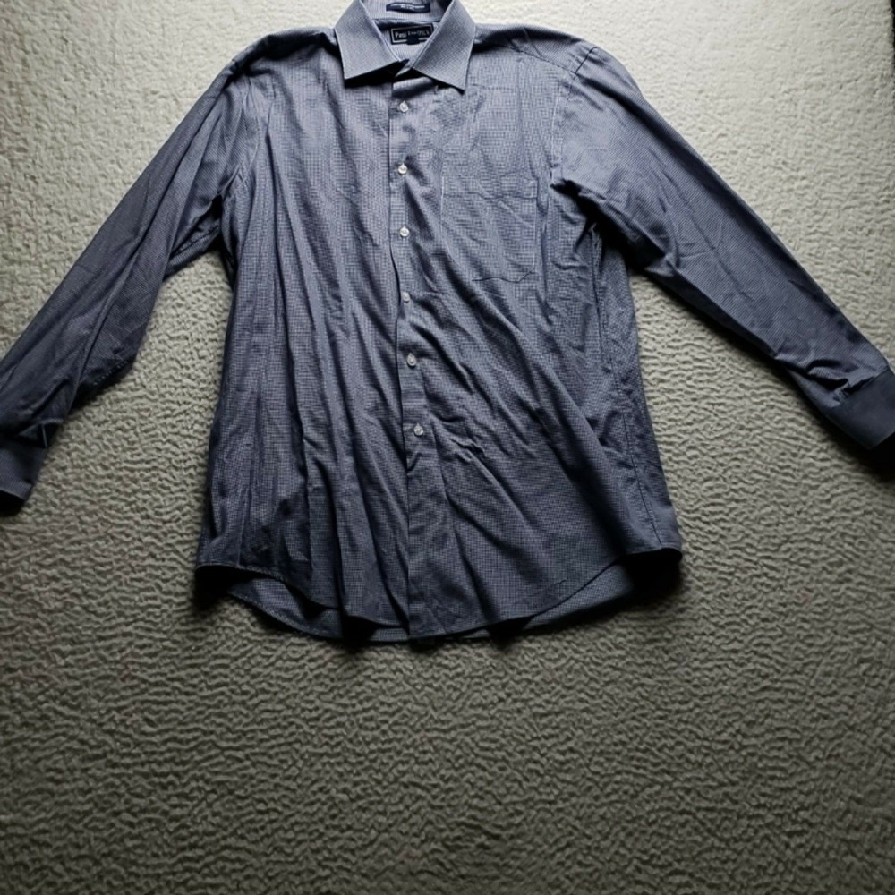 Paul Fredrick Dress Shirt Mens 15.5 32/33 Blue Houndstooth Classic Cotton LS